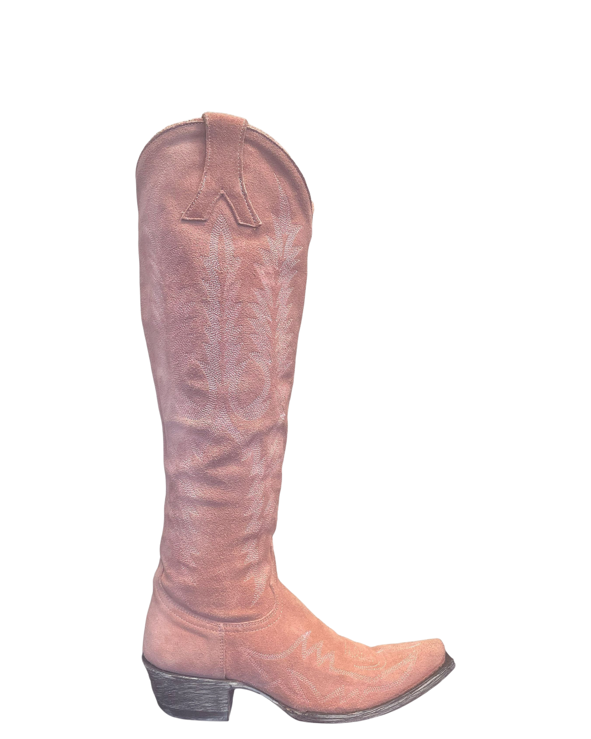 Old Gringo Boots Mayra Bis tall pink suede western cowgirl boots with intricate stitching and a stacked heel