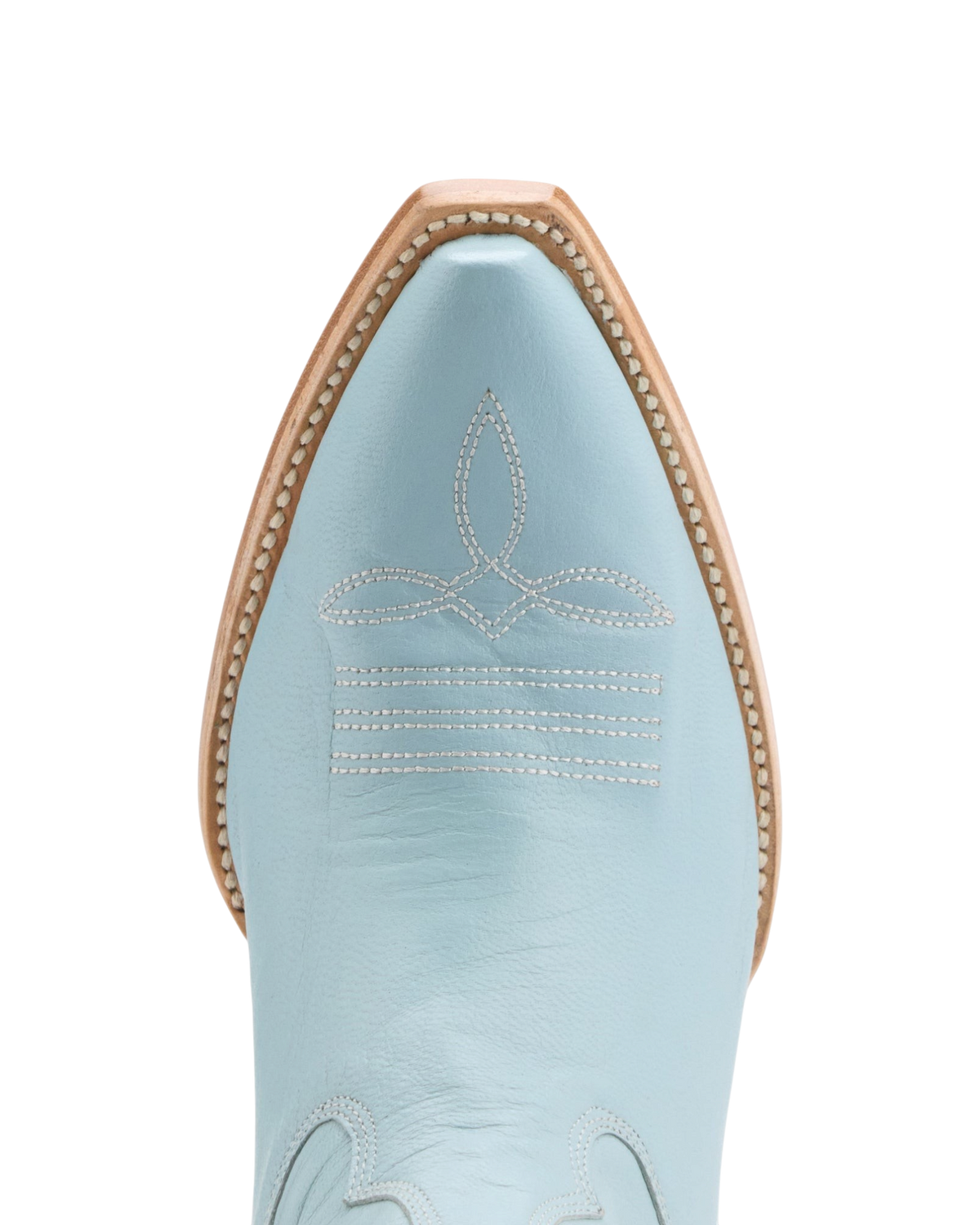 Old Gringo Boots Rainy Day sky blue goat leather western boot with intricate white stitchwork and Sintino-4 toe