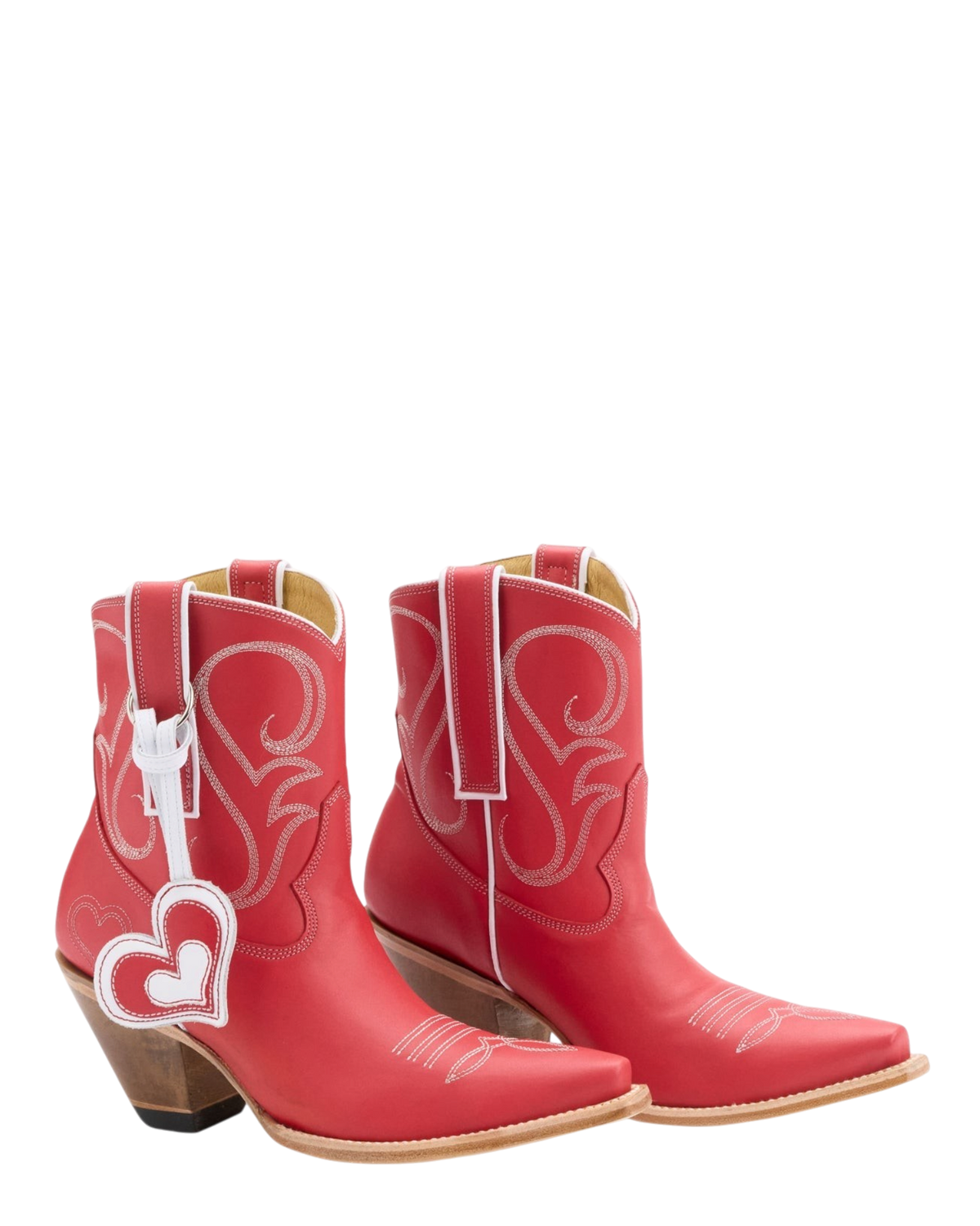 Old Gringo Boots red cowhide leather western boots with white contrast stitching and a heart charm detail