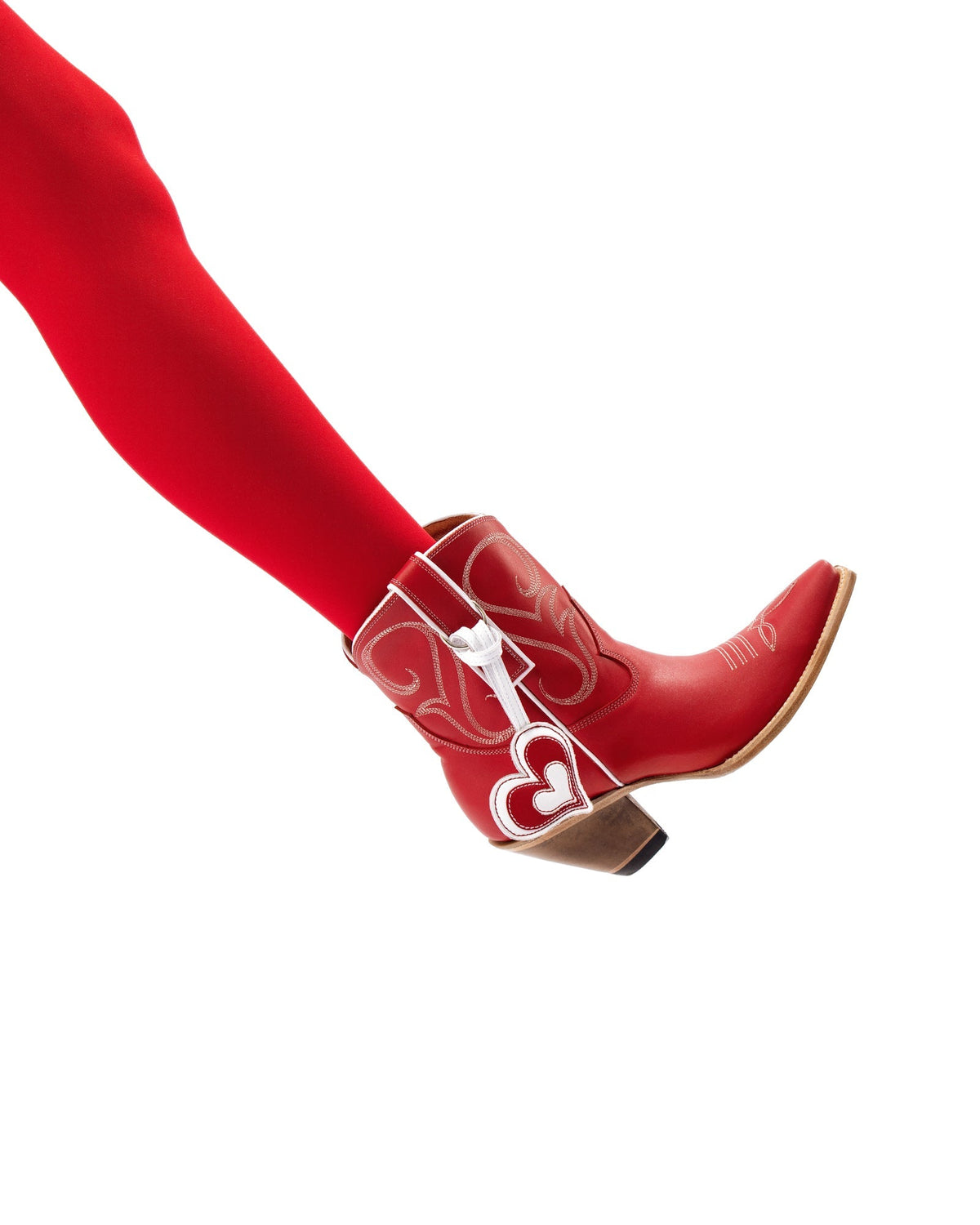 Old Gringo Boots red cowhide leather ankle boots with white contrast stitching and a heart charm detail