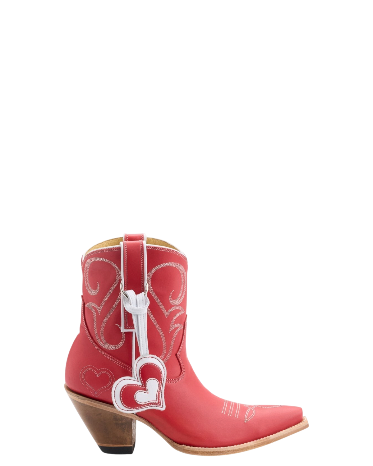 Old Gringo Boots red cowhide leather western boots with white contrast stitching and a decorative heart bauble