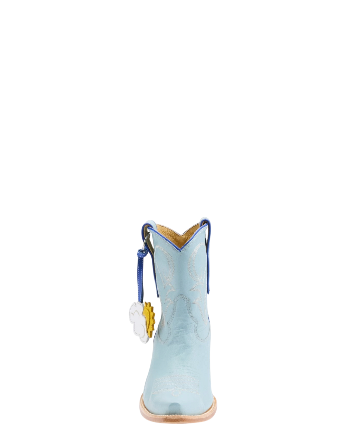 Old Gringo Boots sky blue goat leather cowboy boots with white stitchwork and a sun and cloud charm