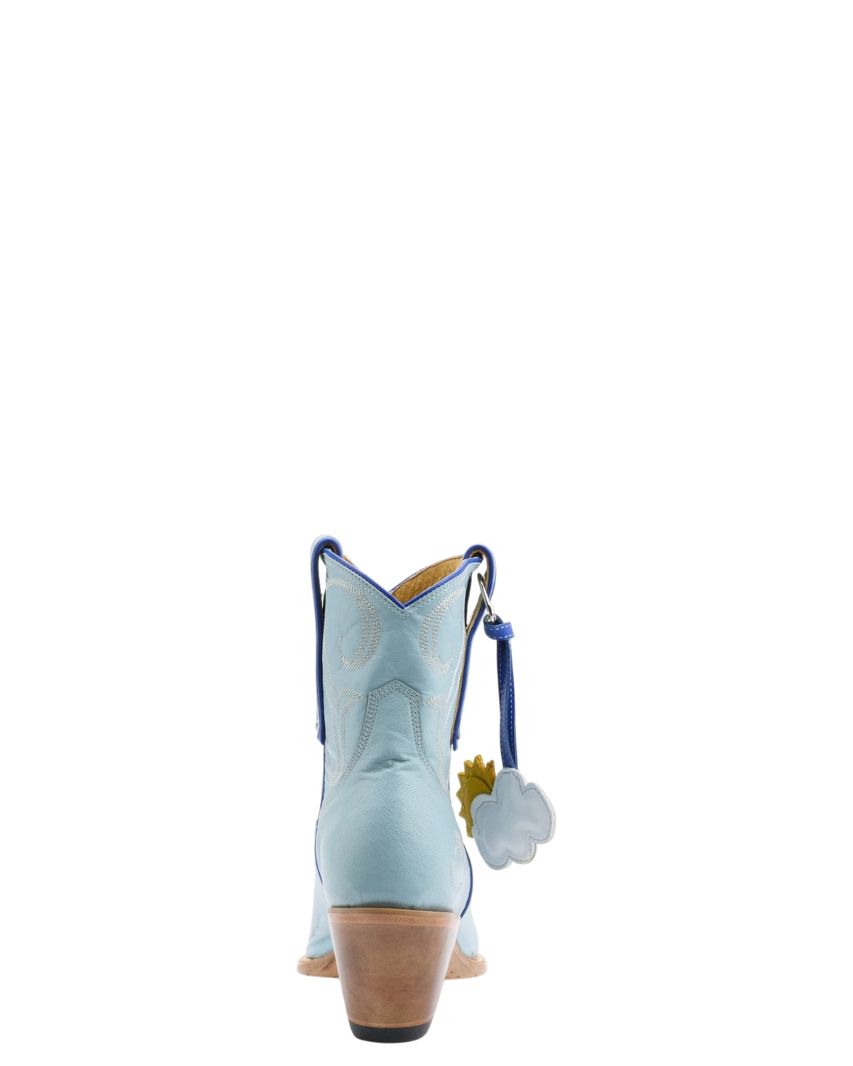 Old Gringo Boots Rainy Day sky blue goat leather western boots with sun and cloud charm, back view