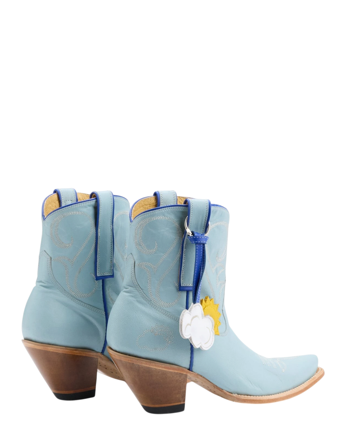 Old Gringo Boots sky blue goat leather western boots with intricate stitching and a sun and cloud charm