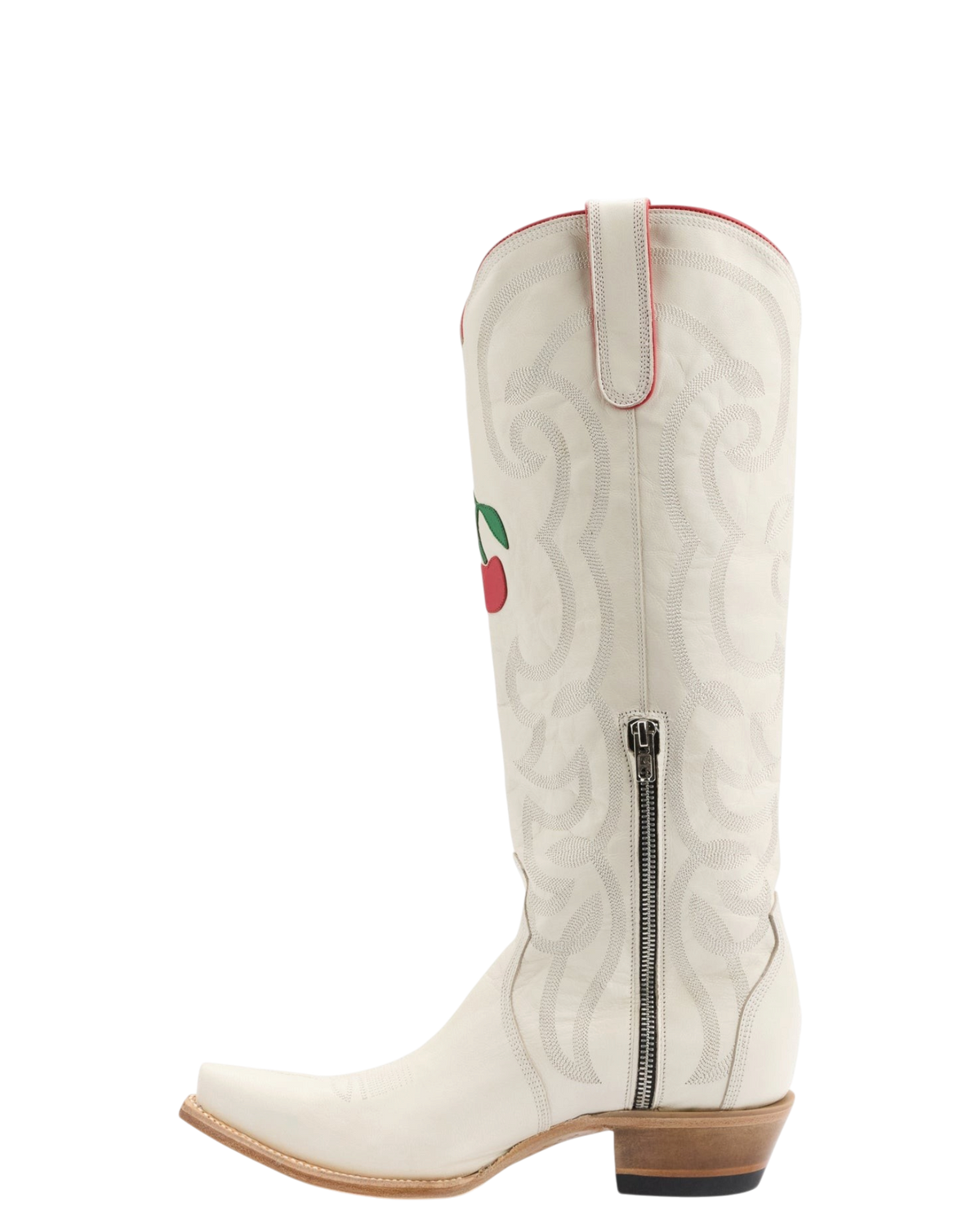Old Gringo Boots white goat leather cowboy boot with cherry embroidery, side zipper, and 4Long toe profile.