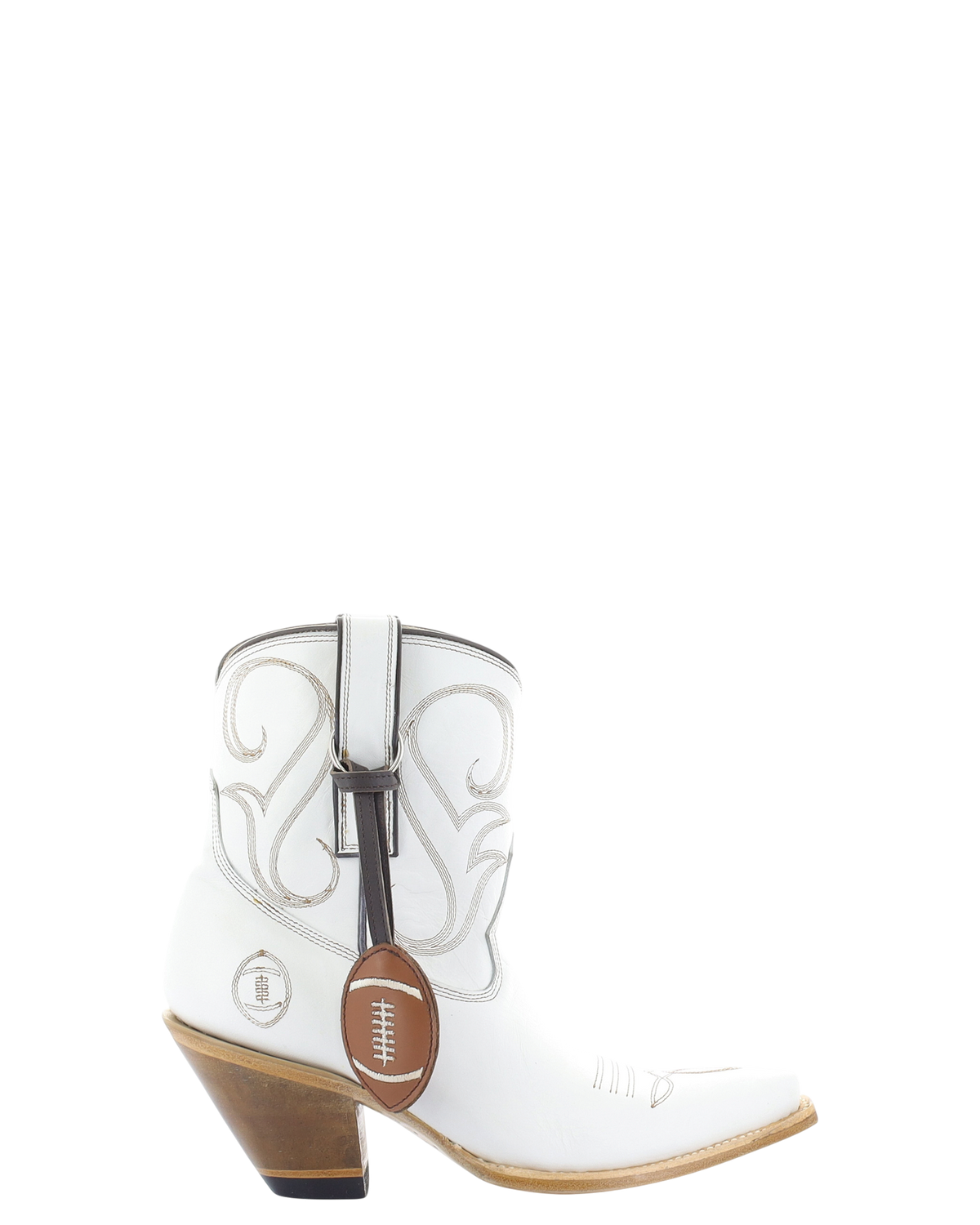 Old Gringo Boots white cowhide leather ankle boots with contrast stitching and a football-shaped pigskin bauble