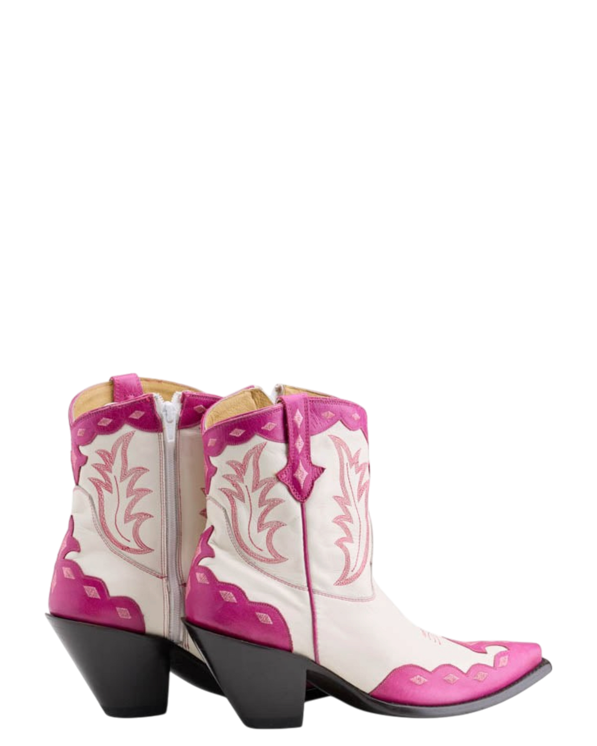 Old Gringo Boots Will Call white and pink cowhide leather short western boots with scalloped trim and stitchwork