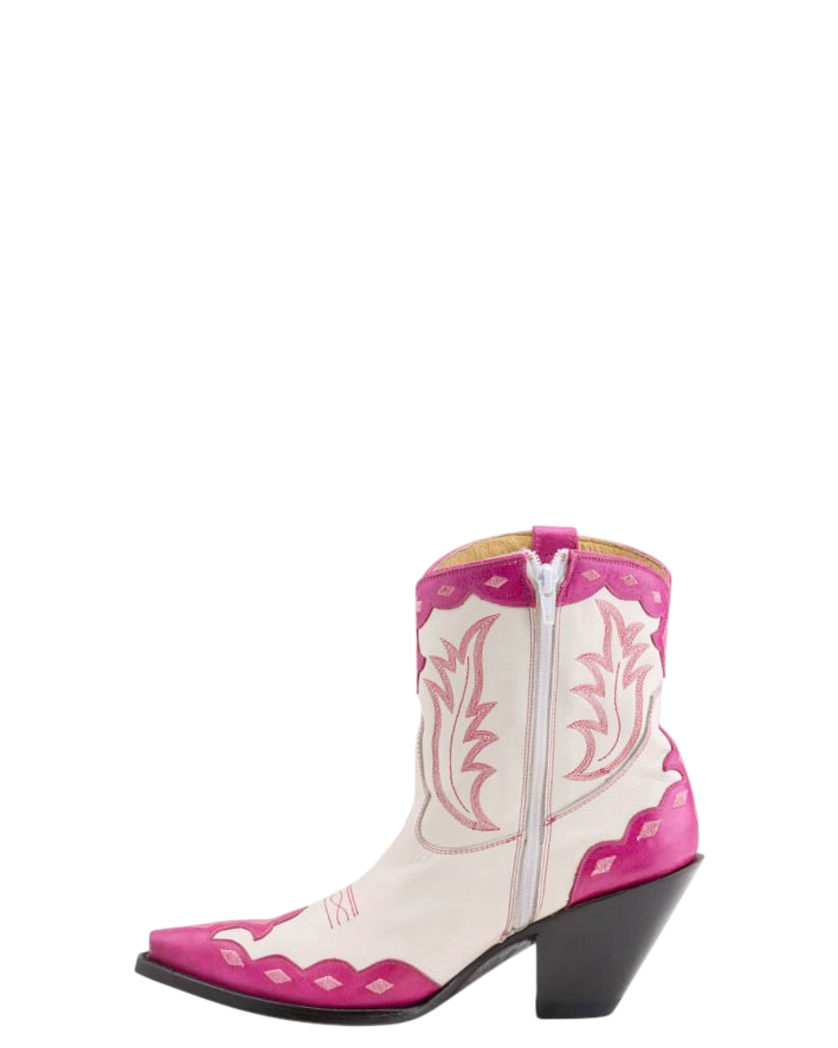 Old Gringo Boots Will Call white and pink cowhide leather short western boots with scalloped trim and stitchwork