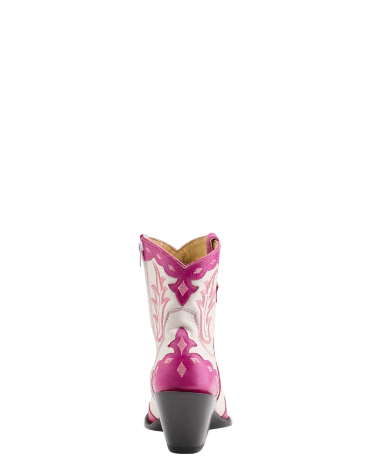 Old Gringo Boots Will Call white and pink cowhide leather short western boots with scalloped trim and Brita heel