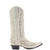 A bone-colored, high-heeled women's boot with intricate embroidery detailing.