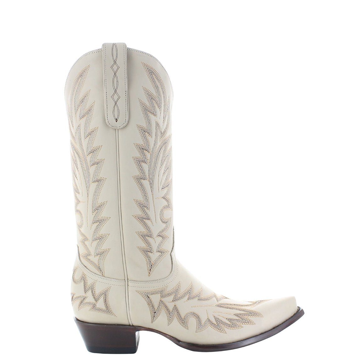 A bone-colored, high-heeled women's boot with intricate embroidery detailing.
