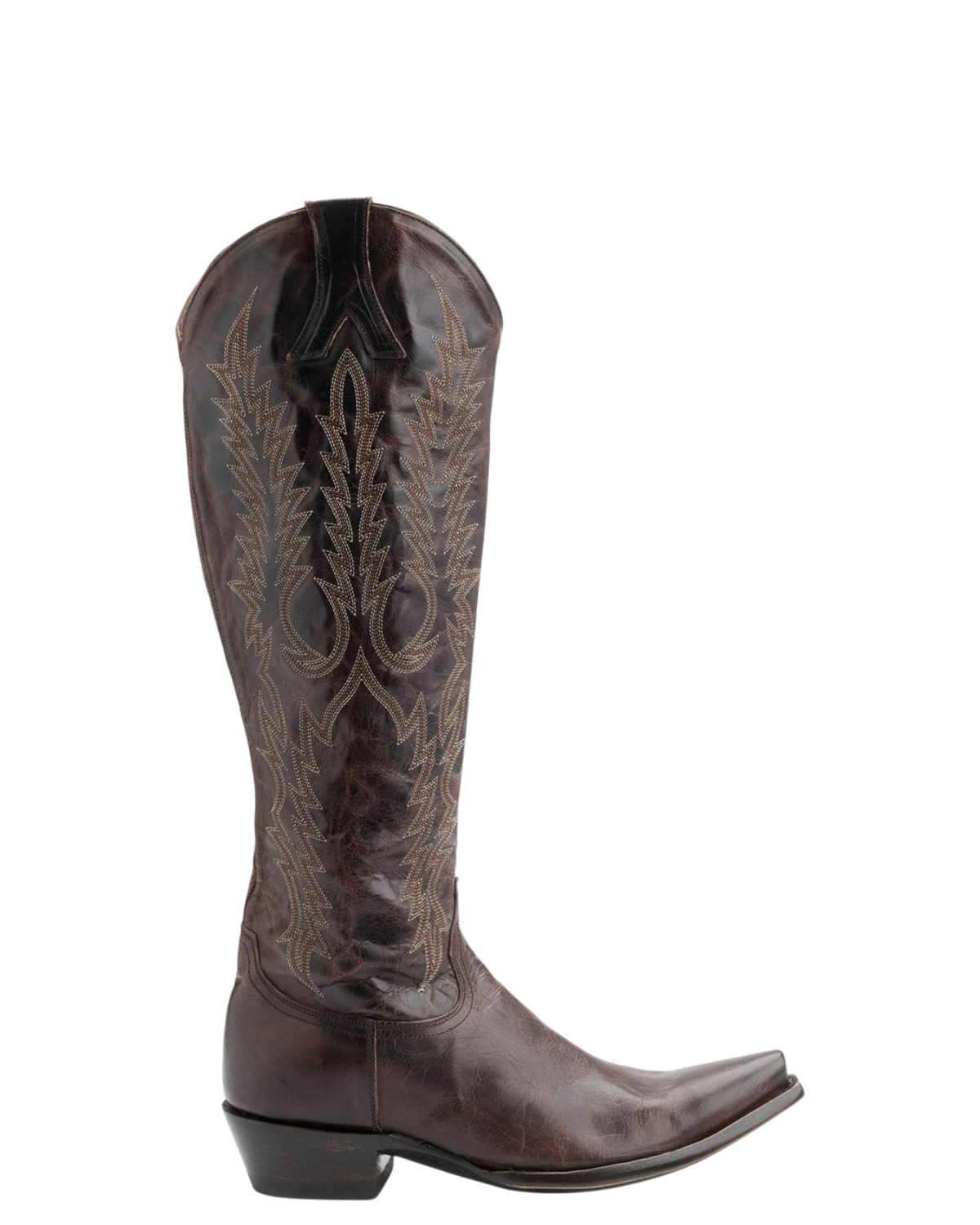 Old Gringo Boots Mayra Tall 18-inch chocolate goat leather western boot with intricate stitching and a long toe