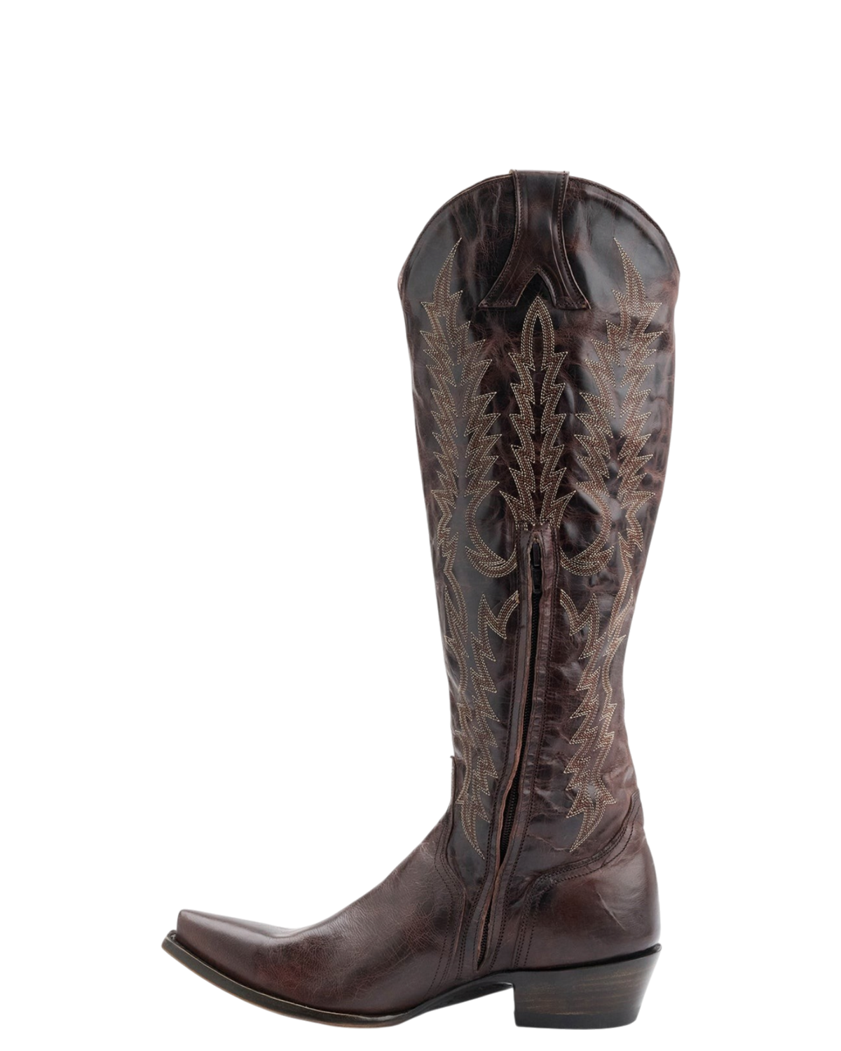 Old Gringo Boots Mayra Tall chocolate goat leather western boot with intricate stitching and a long pointed toe