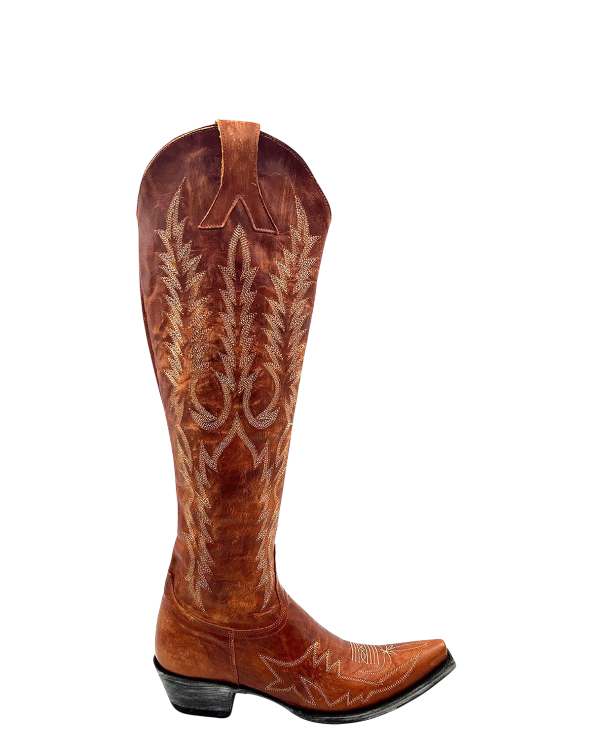 Old Gringo Boots Mayra Tall western boots in burnt orange leather with intricate white embroidery and pointed toe.