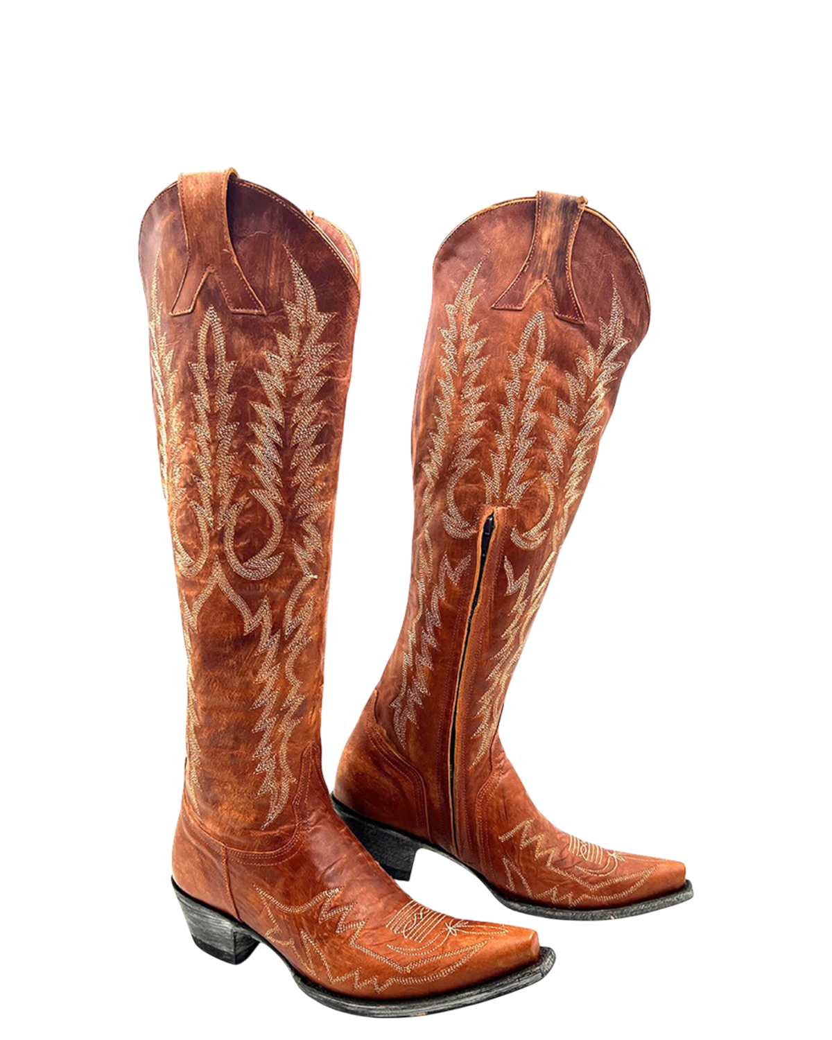Old Gringo Boots Mayra Tall burnt orange leather western boots with intricate white embroidery and side zipper