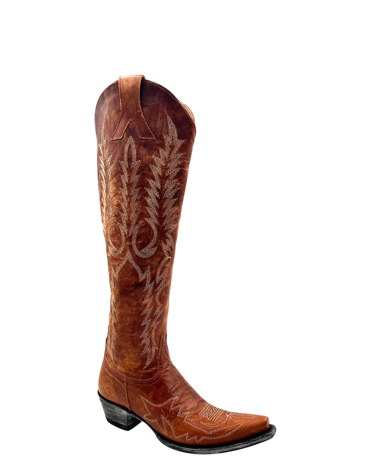 Old Gringo Boots Mayra Tall western boots in burnt orange leather with intricate white embroidery and a pointed toe.