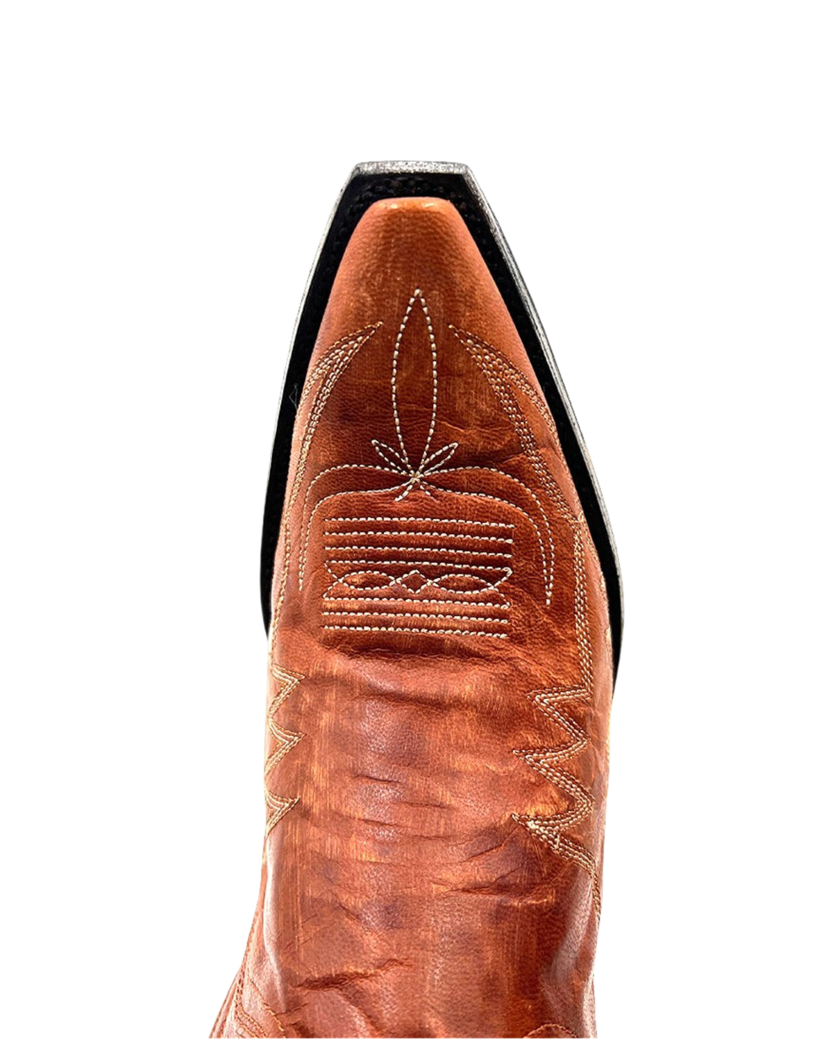Old Gringo Boots Mayra Tall western cowgirl boot in burnt orange leather with intricate white decorative stitching