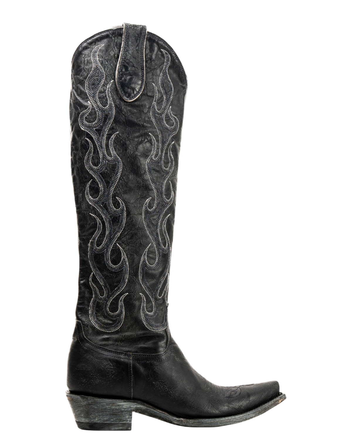 Old Gringo Boots Oaklynn Tall black leather western boot with intricate flame embroidery and crystal accents.