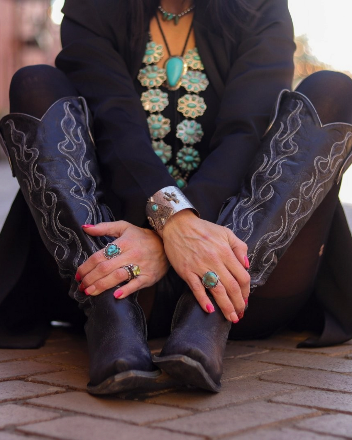 Old Gringo Boots Oaklynn tall black leather western boots with intricate flame embroidery and crystal accents