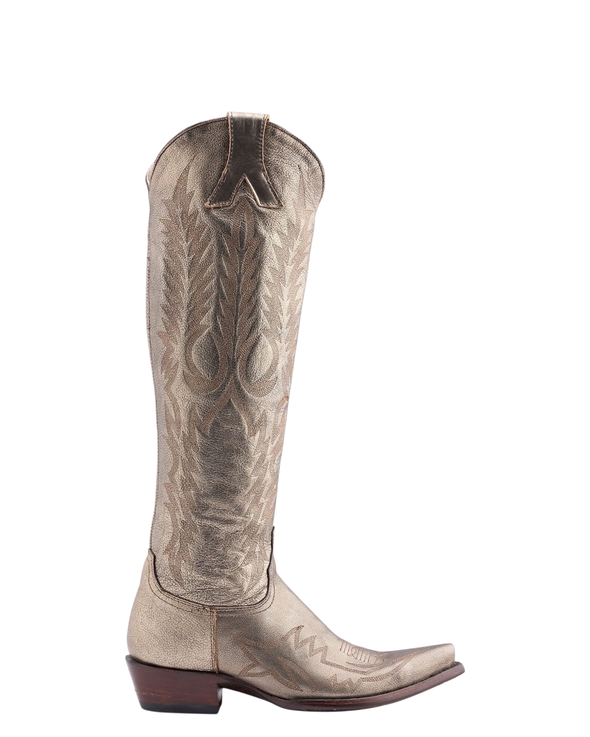 Old Gringo Boots Mayra Bis 18-inch gold leather western boot with intricate stitching and pointed toe