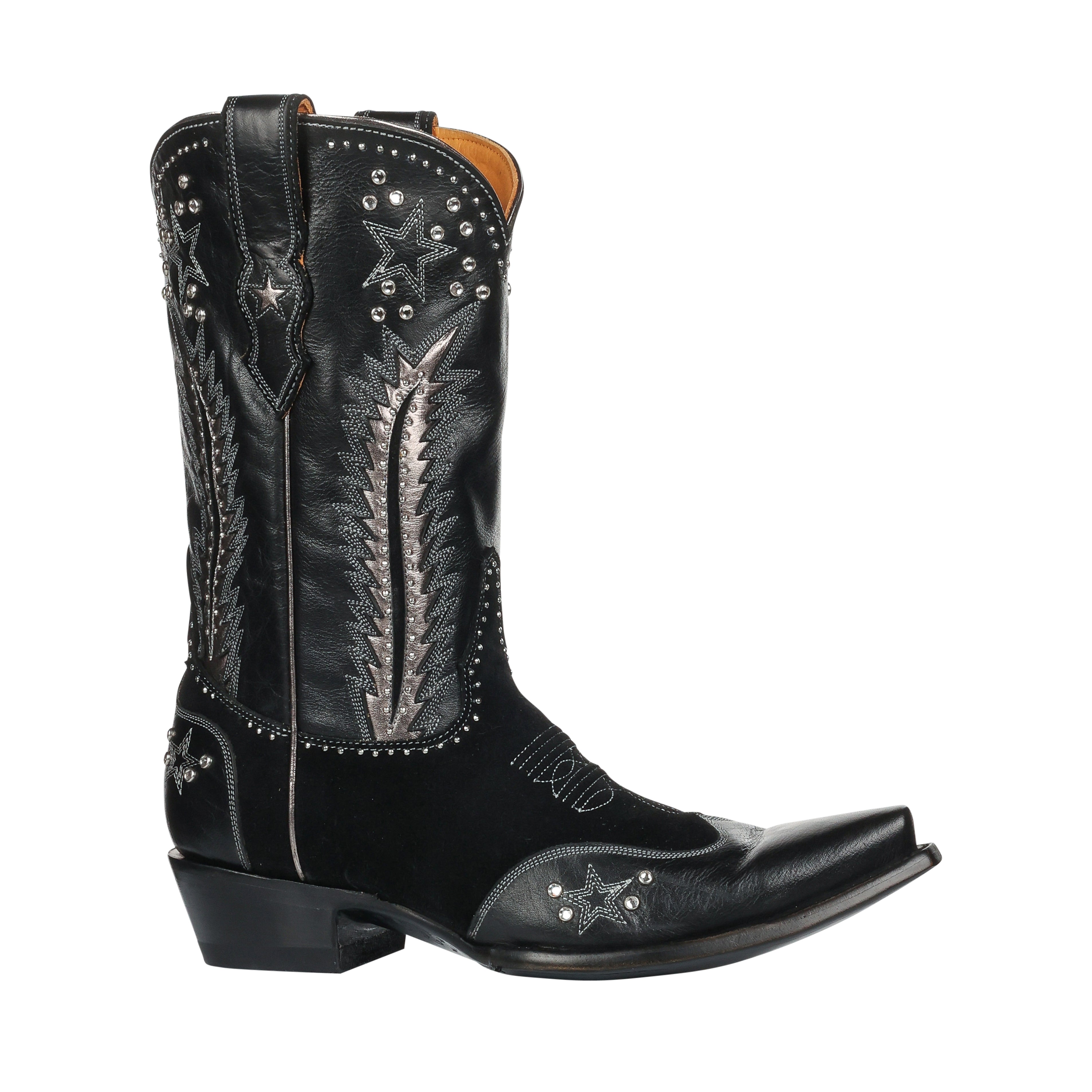 Black cowboy boot with star and pattern design on a white background