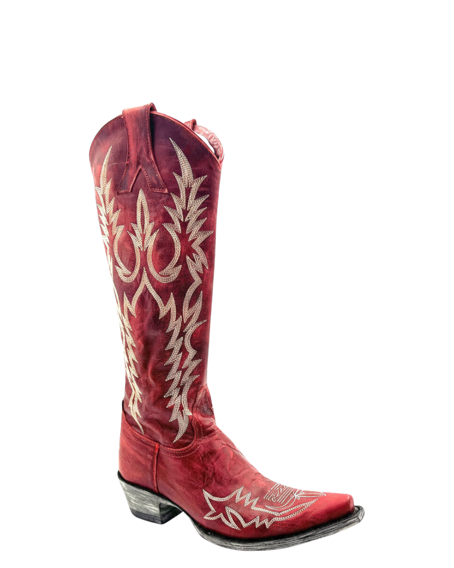 Old Gringo Boots Mayra Bis red leather western boot with intricate white embroidery and a pointed toe