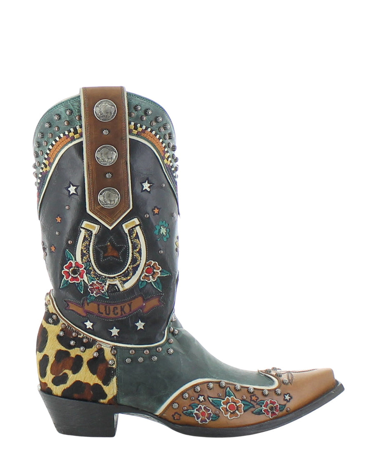 Old Gringo Lucky You Black/Green/Tan women's 12" cowboy boot, side view