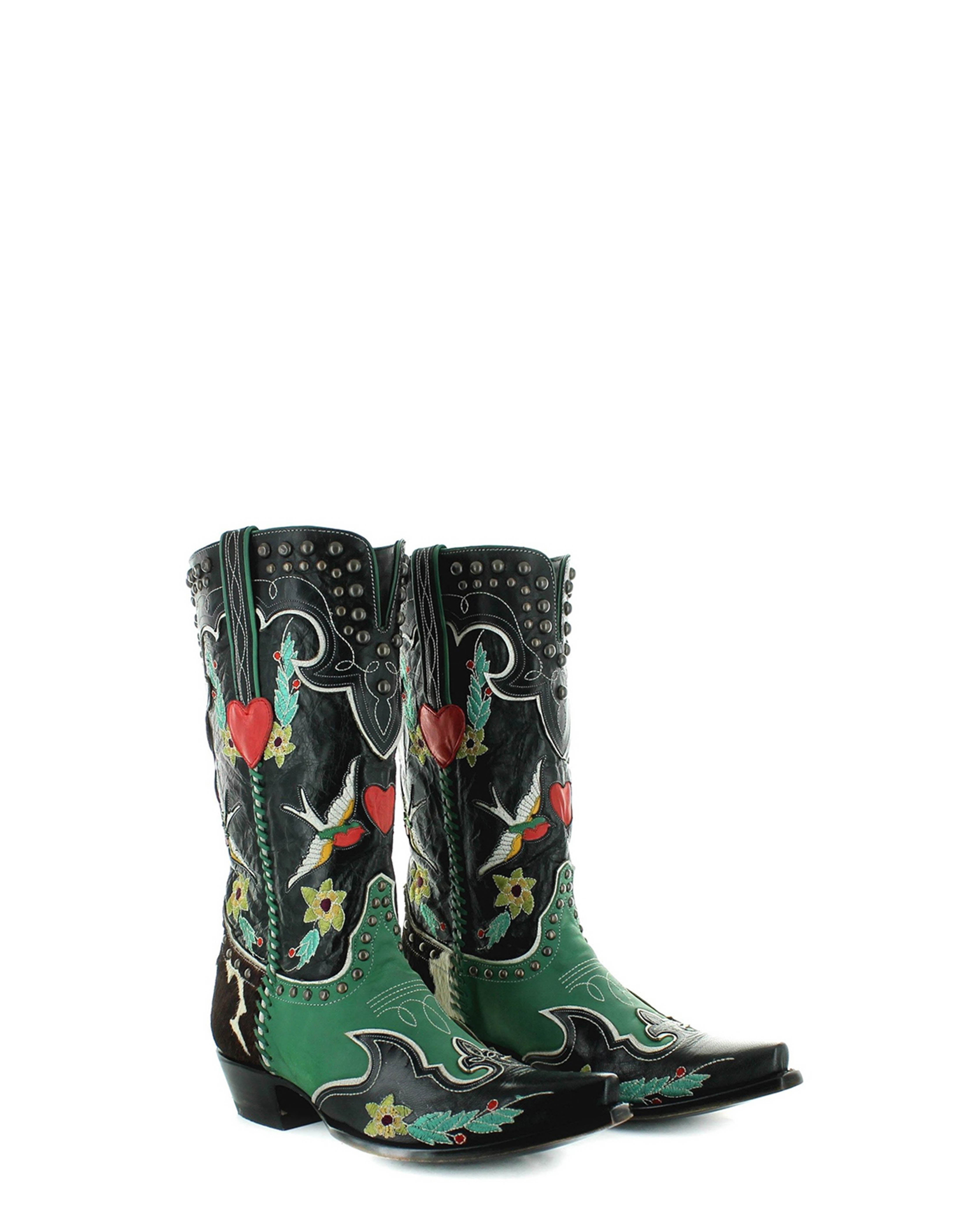 Women's Leather Braided Embroidery Studded Cowboy Boots | Midnight
