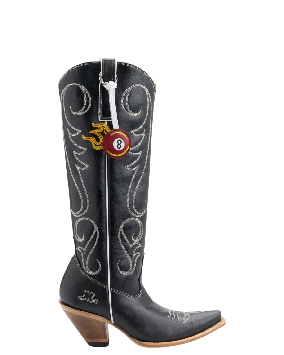 Old Gringo Boots 8 Ball Tall black cowhide leather western boots with contrast stitching and flaming 8 ball charm