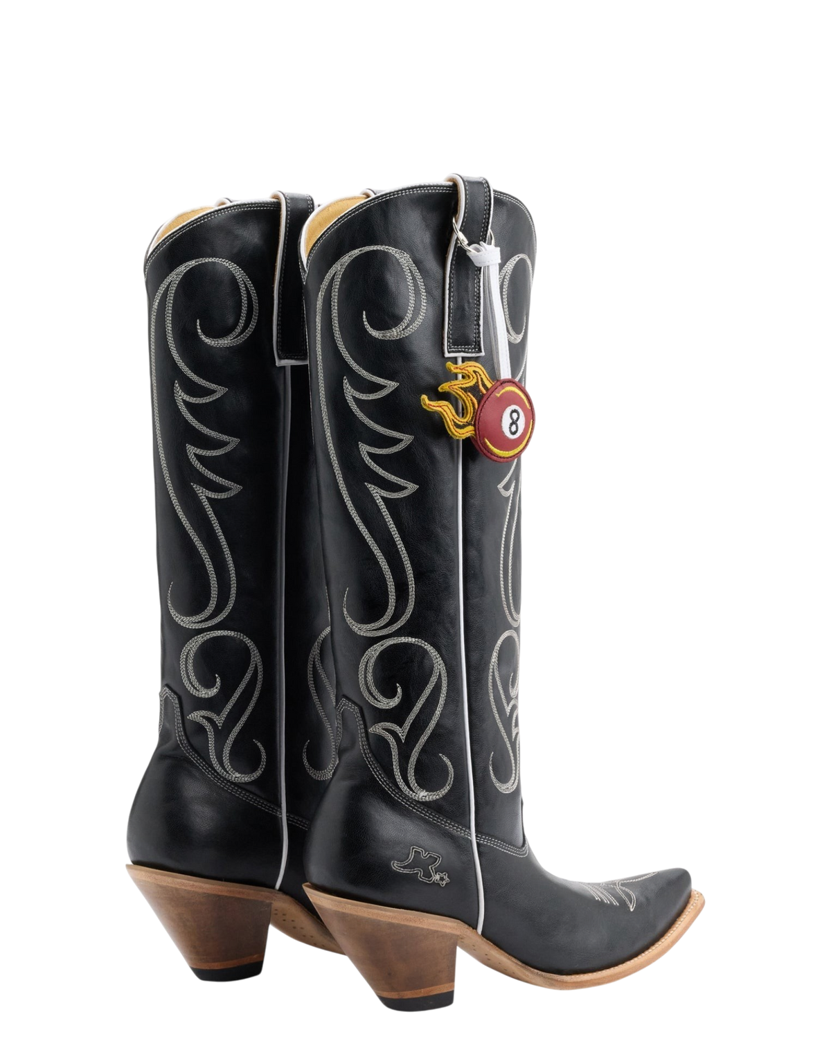 Old Gringo Boots 8 Ball Tall black cowhide leather cowboy boots with contrast stitching and flaming 8 ball charm