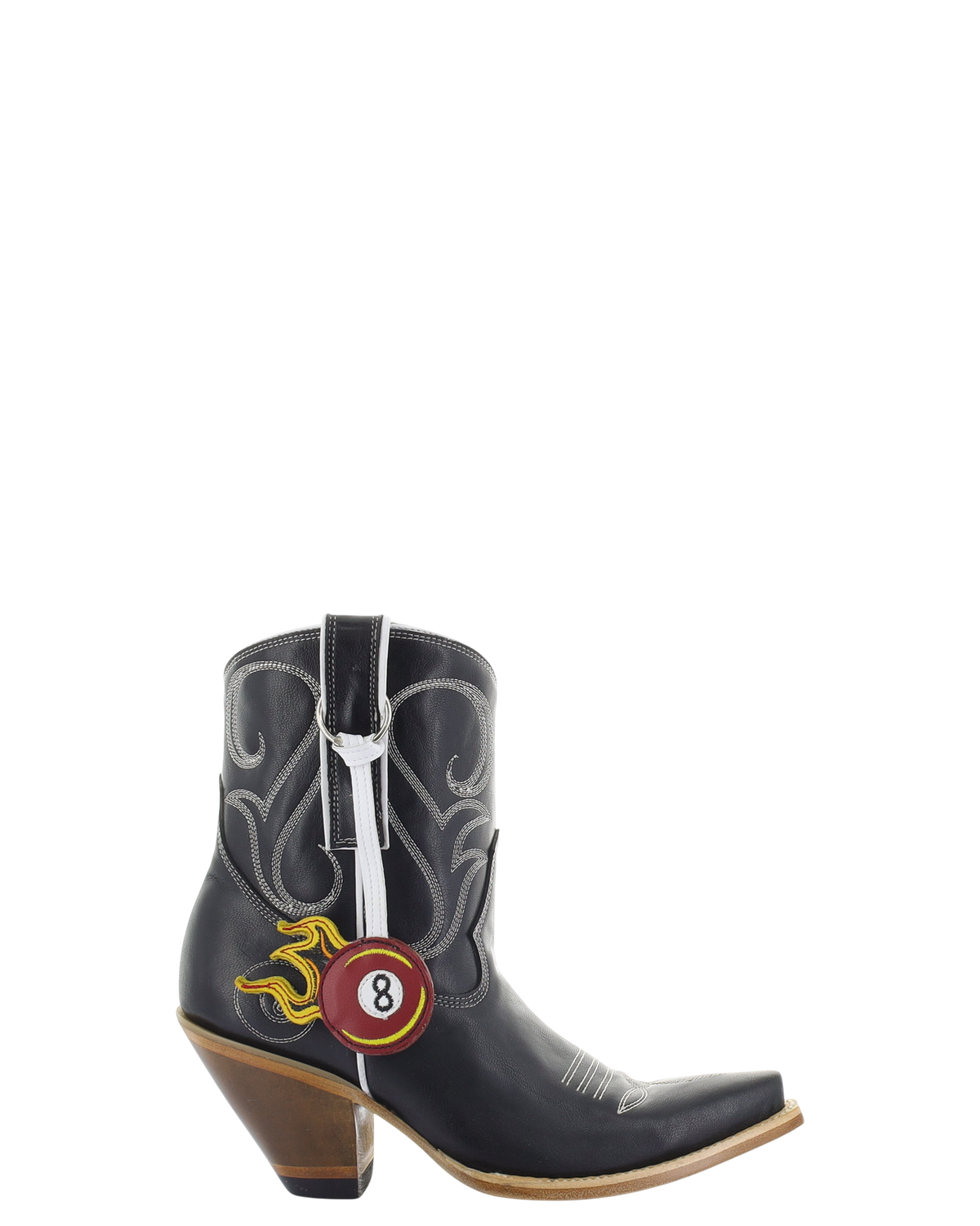 Old Gringo Boots black cowhide leather ankle boot with contrast stitching and a flaming 8 ball charm detail