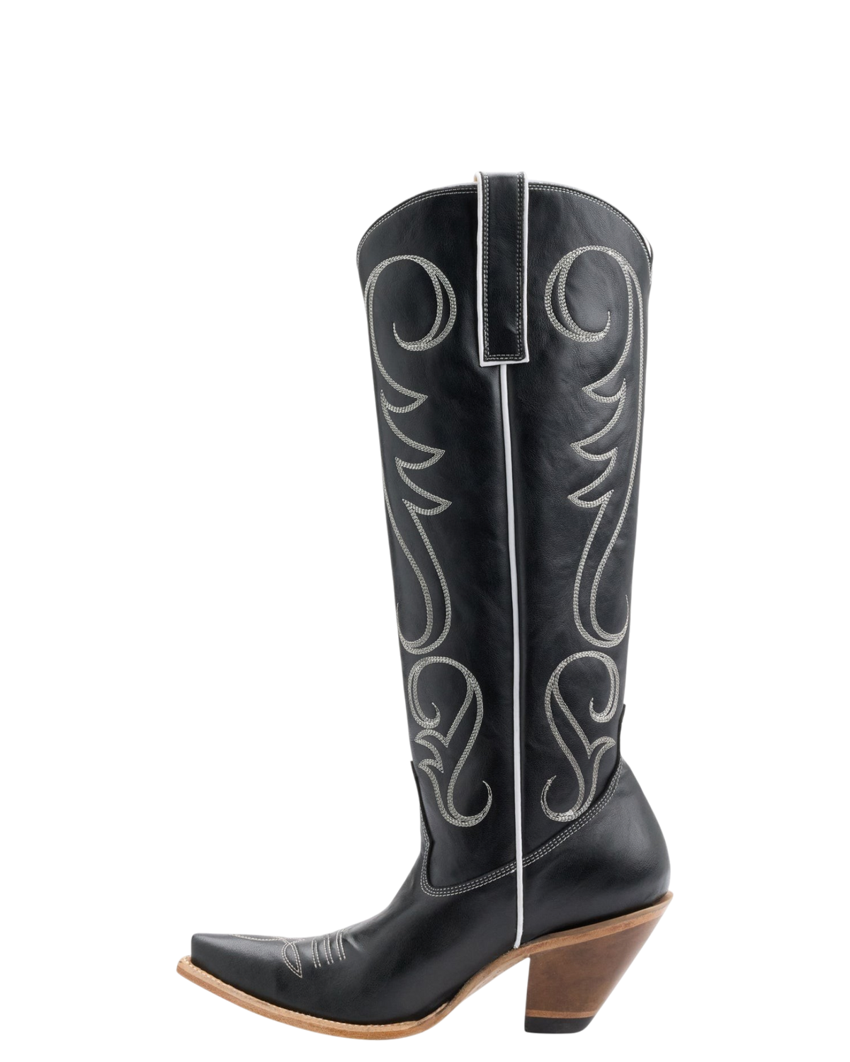 Old Gringo Boots 8 Ball Tall black cowhide leather western boots with white contrast stitching and pointed toe