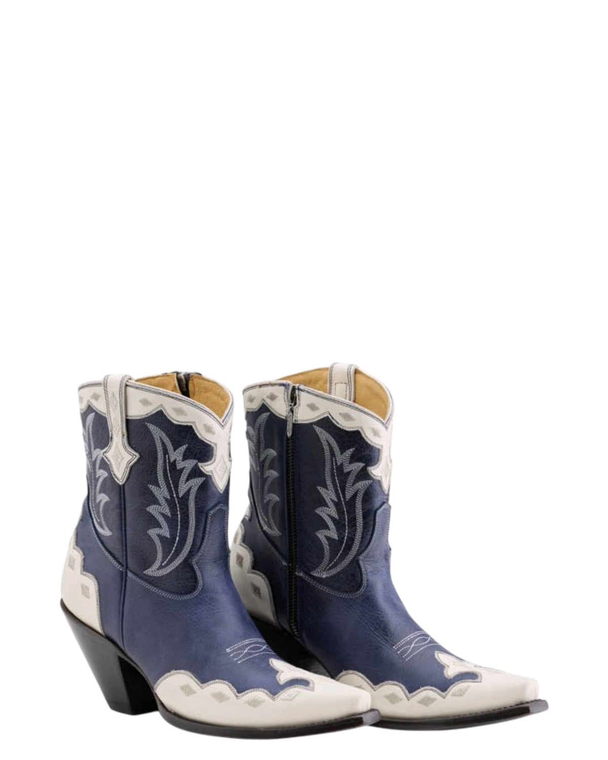 Old Gringo Boots Will Call blue and cream cowhide leather western shorties with scalloped trim and stitchwork