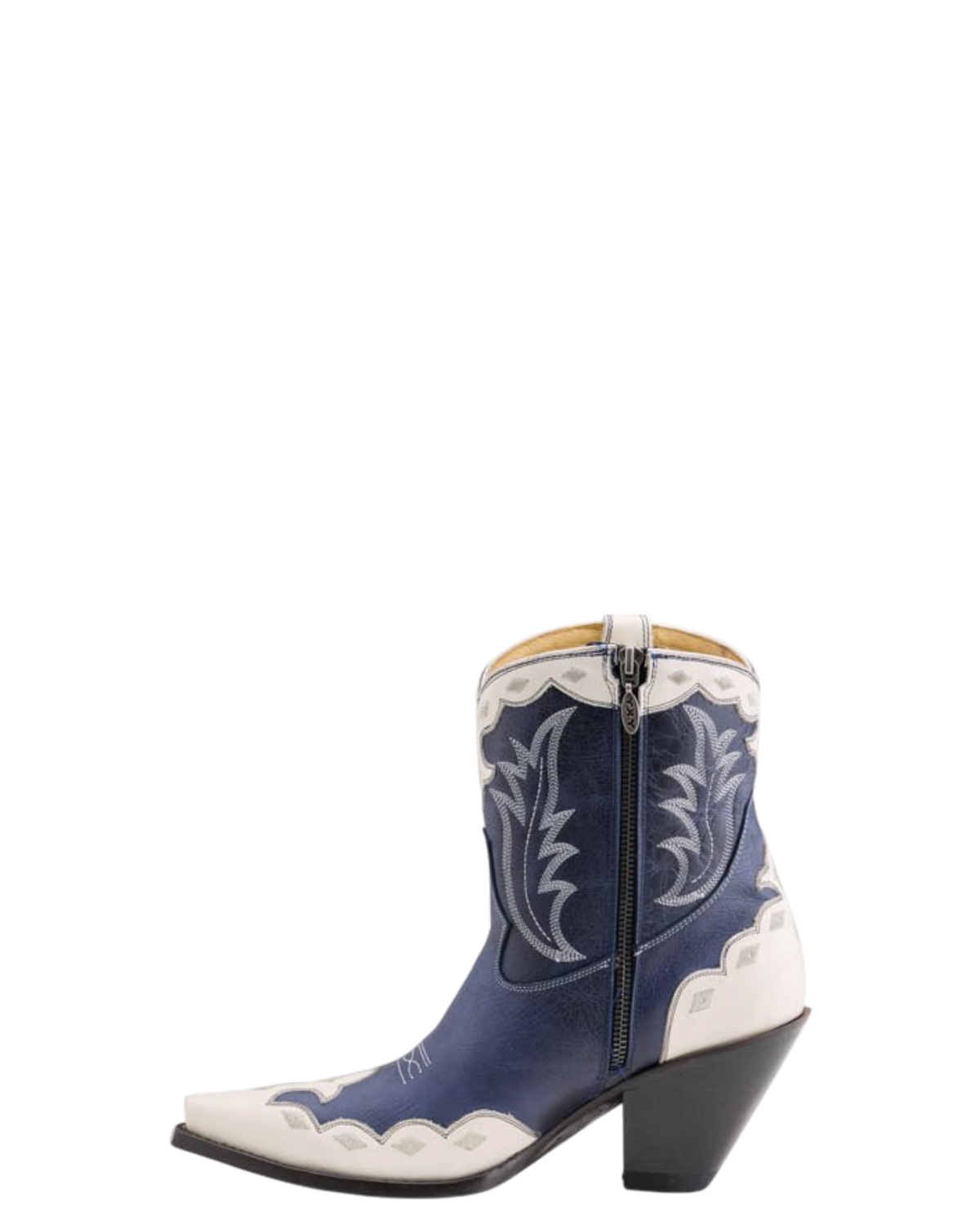 Old Gringo Boots Will Call blue and cream cowhide leather short western boots with scalloped trim and side zipper