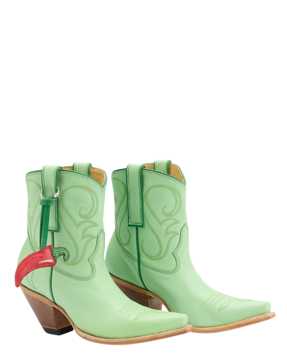 Old Gringo Boots Chili Short mint green goat leather western boots with red chili bauble and tonal stitching