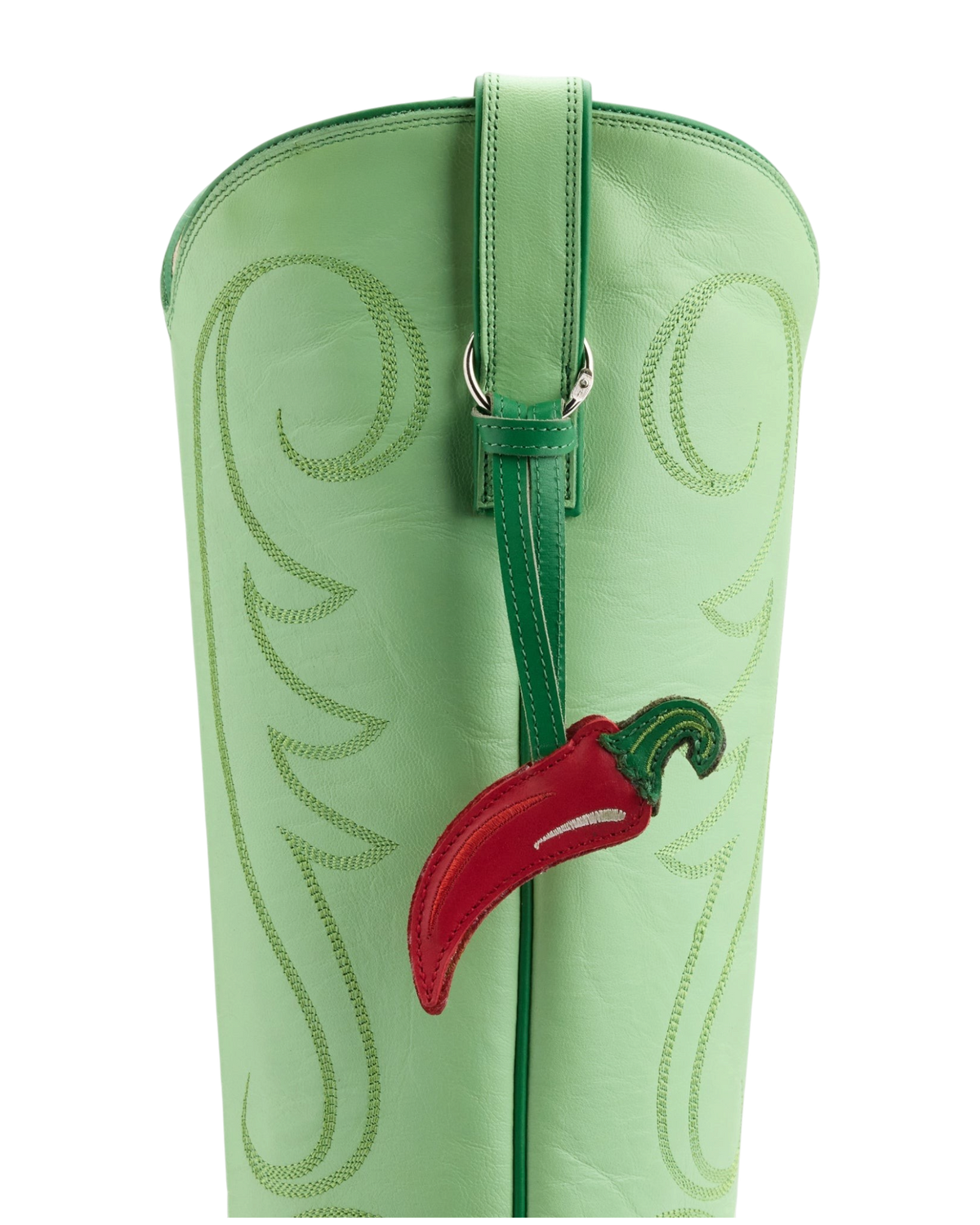 Old Gringo Boots Chili Tall soft mint goat leather western boot with tonal stitching and a red chili pepper bauble