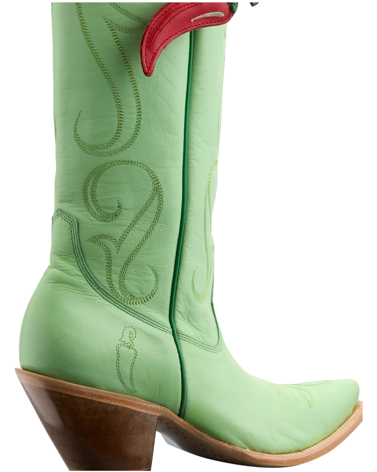 Old Gringo Boots Chili Tall soft mint goat leather western boot with tonal stitching and red chili bauble detail