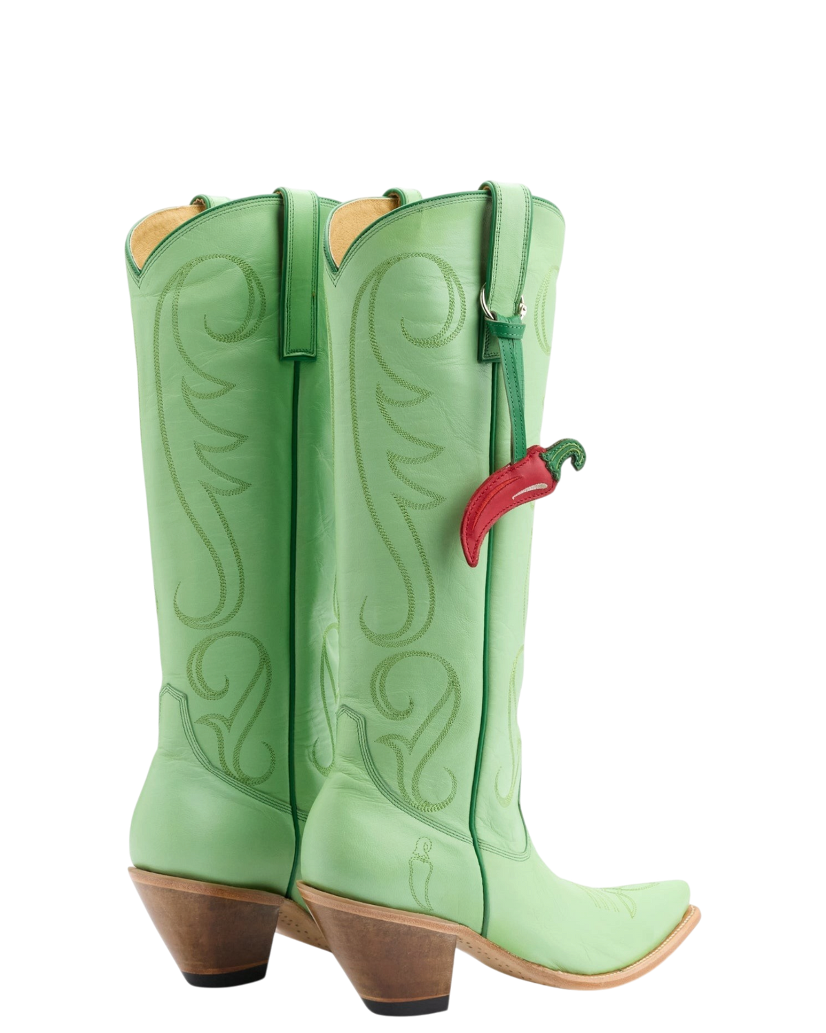 Old Gringo Boots Chili Tall soft mint goat leather western boots with tonal stitching and a red chili pepper charm