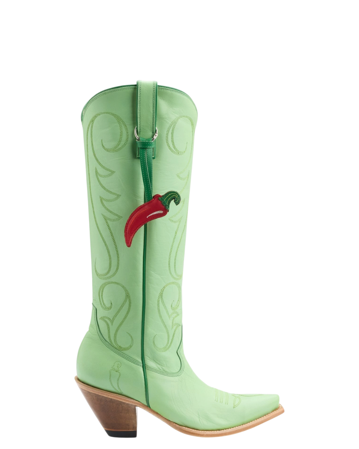 Old Gringo Boots Chili Tall soft mint goat leather western boots with tonal stitching and red chili pepper charm
