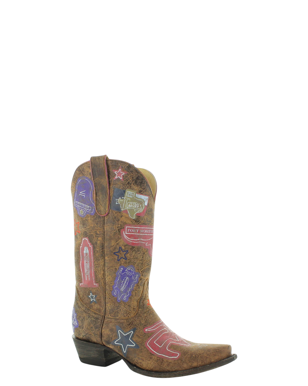 Old Gringo Boots Cowtown western boot in crackled brown leather with colorful Texas-themed patches and embroidery.