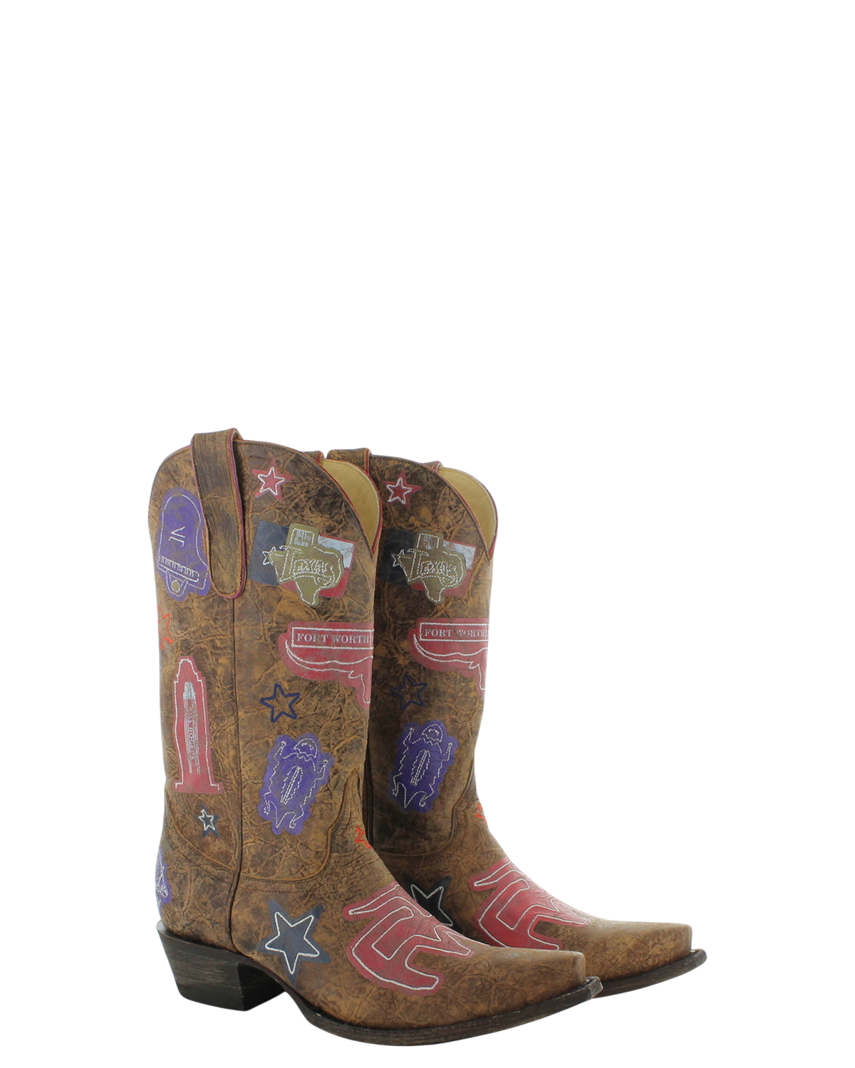 Old Gringo Boots Cowtown western boots in crackled brown leather with purple, red, and blue Texas-themed embroidery.