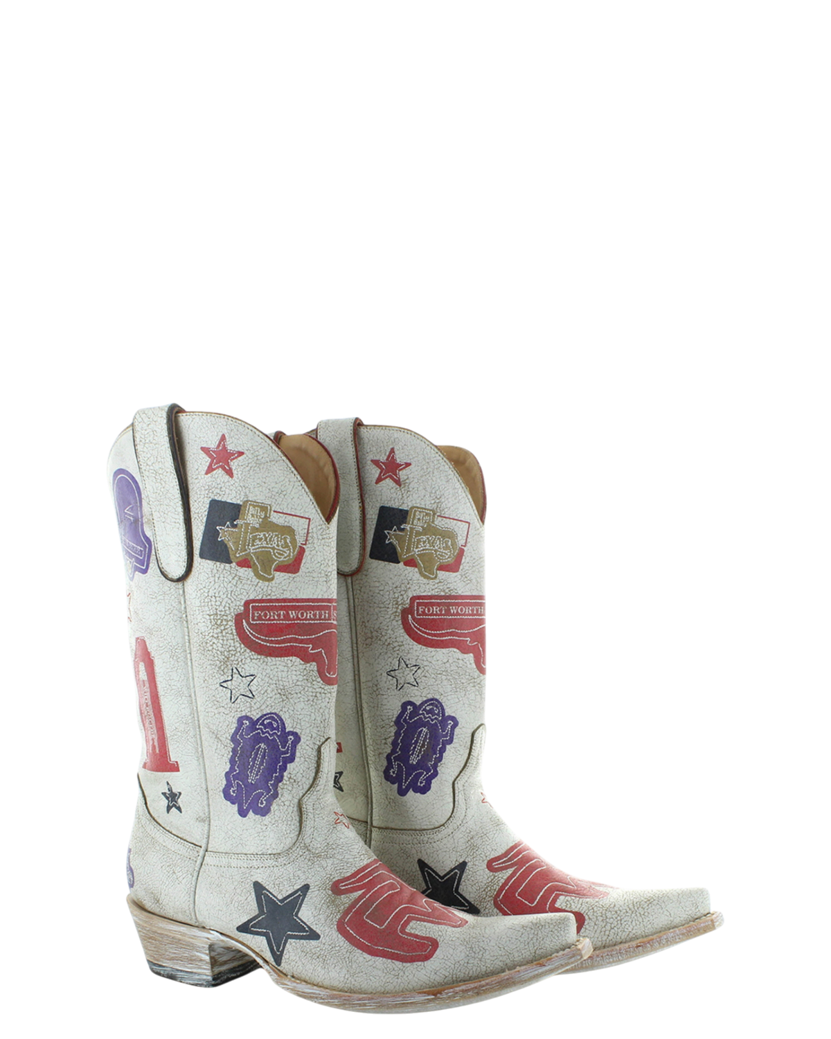 Old Gringo Boots Cowtown western boots in crackled white leather with purple, red, and blue Texas-themed graphics.