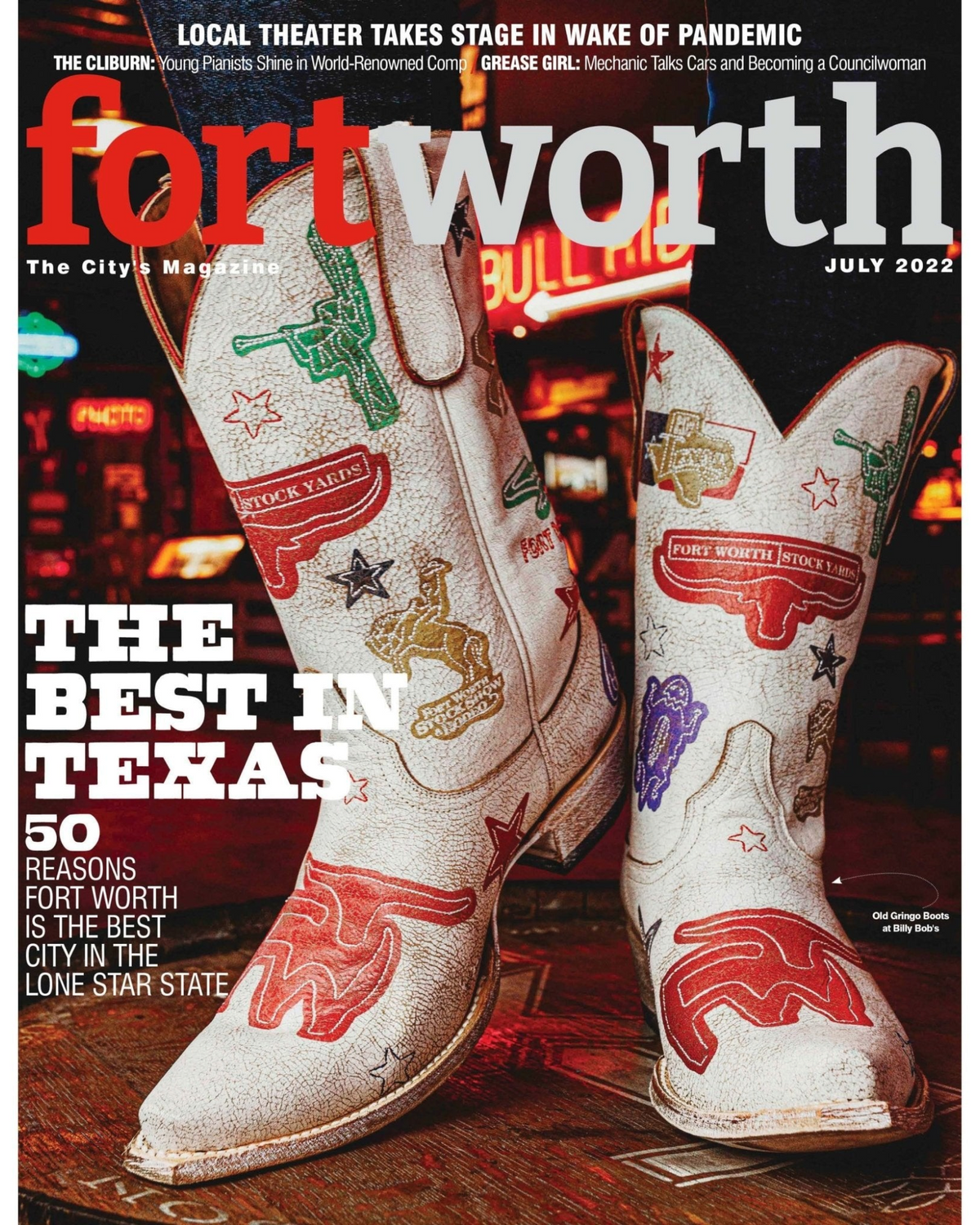 Old Gringo Boots Cowtown western boots in white leather with colorful Texas-themed patches and embroidery