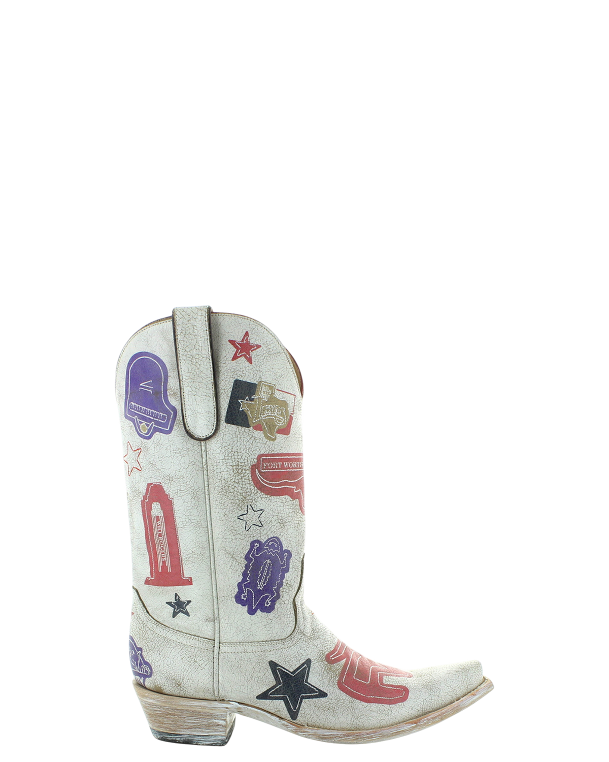 Old Gringo Boots Cowtown western boot in crackled white leather with colorful Texas-themed icons and star details