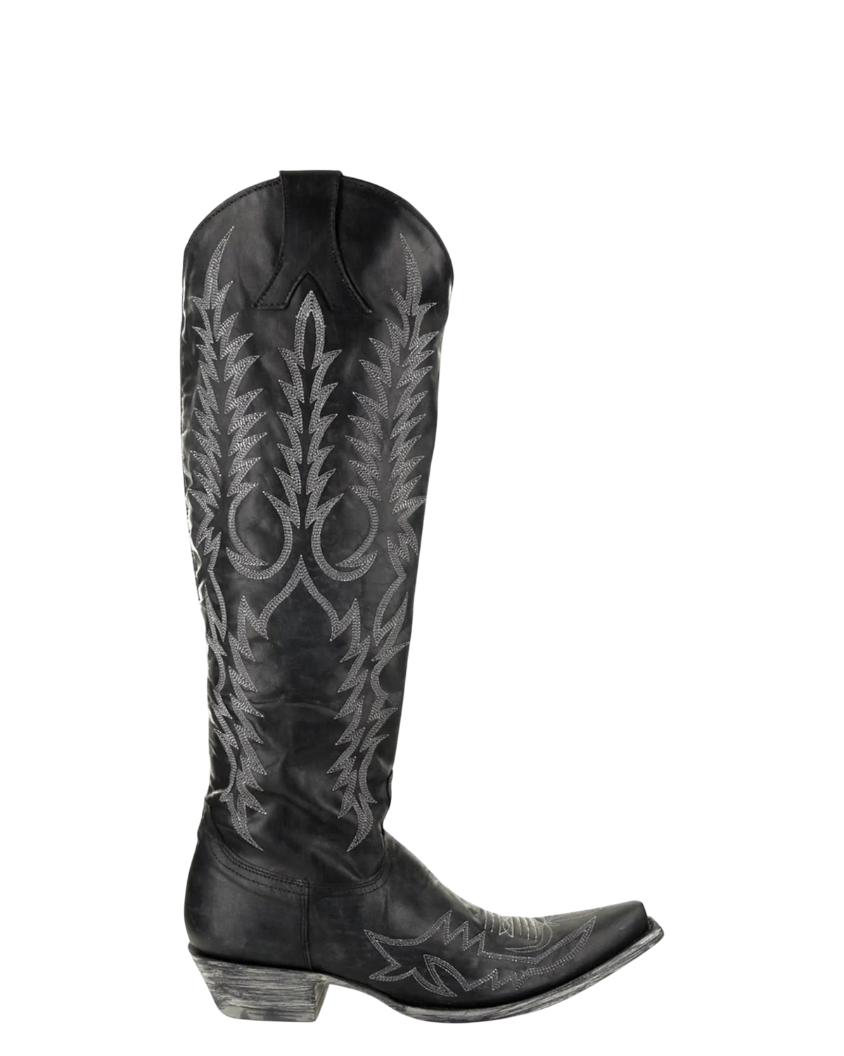 Old Gringo Boots Mayra Bis 18-inch black leather western boot with intricate silver embroidery and relaxed-fit shaft.