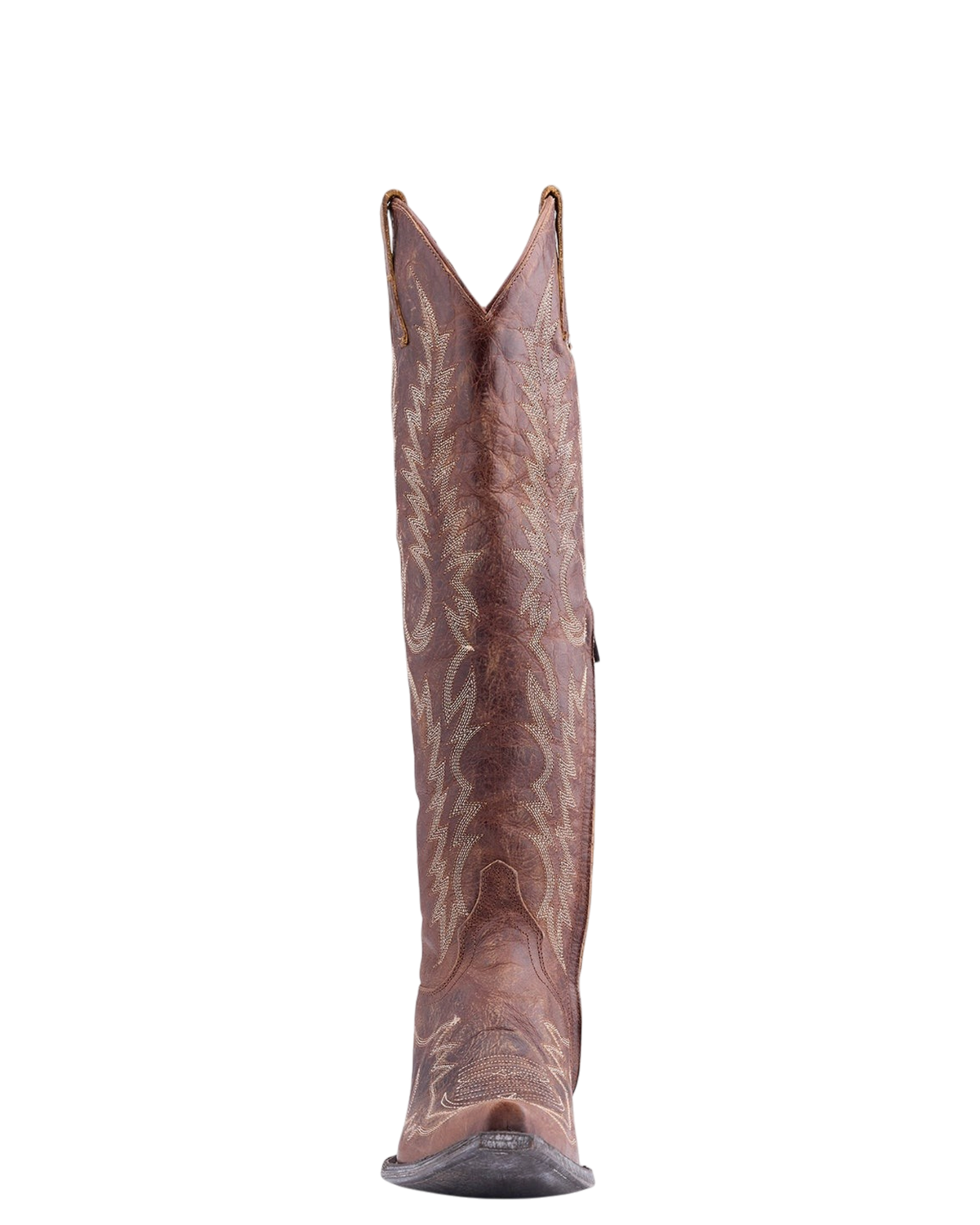 Old Gringo Boots Mayra Bis 18 inch tall brown leather western boot with intricate cream embroidery and pointed toe