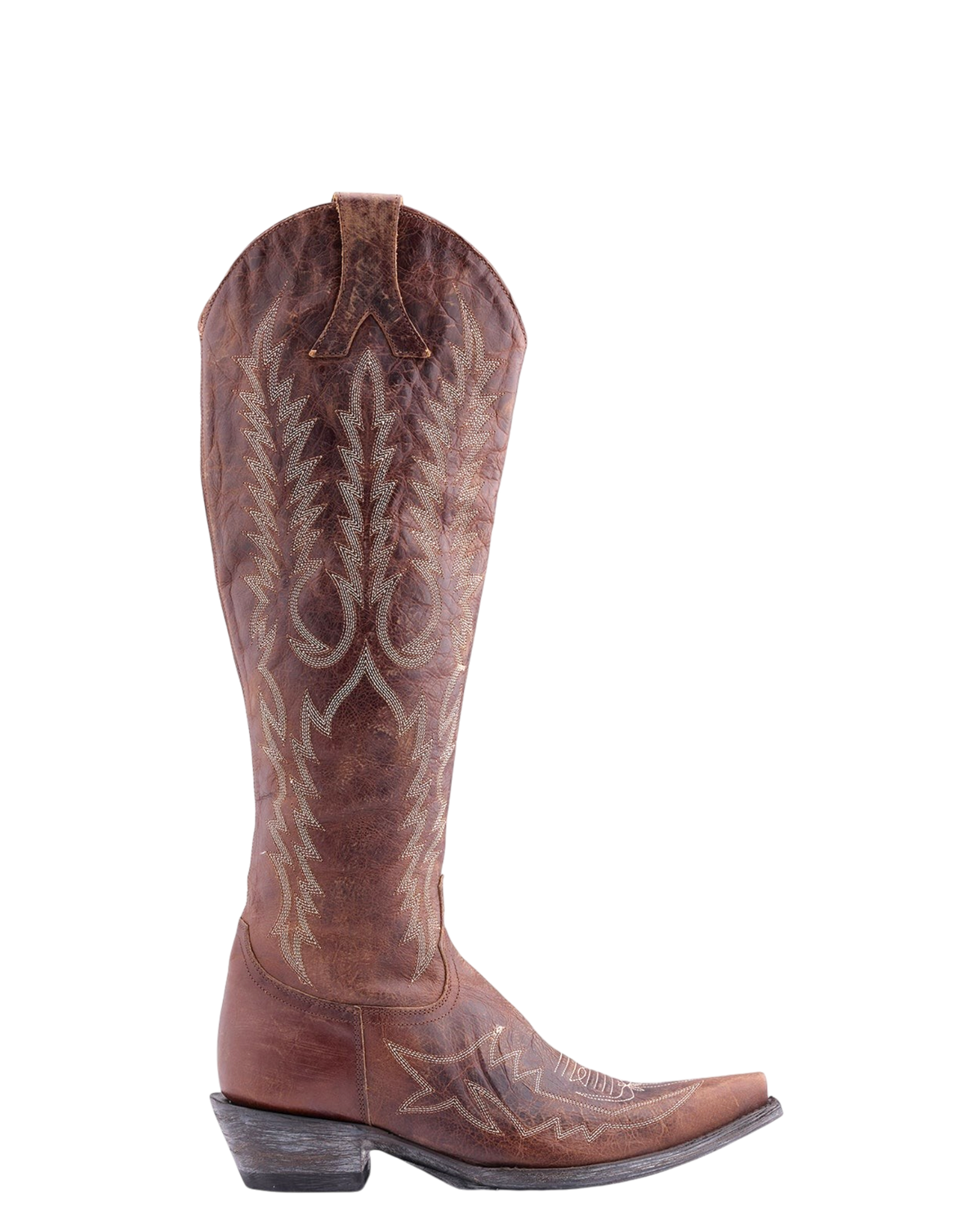 Old Gringo Boots Mayra Bis 18 inch tall brown leather western cowboy boot with intricate white embroidery