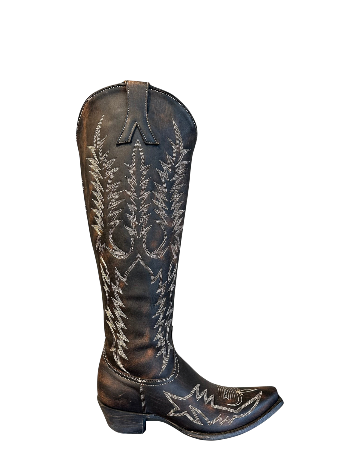 Old Gringo Boots Mayra Bis 18-inch tall western boot in distressed dark leather with intricate white embroidery
