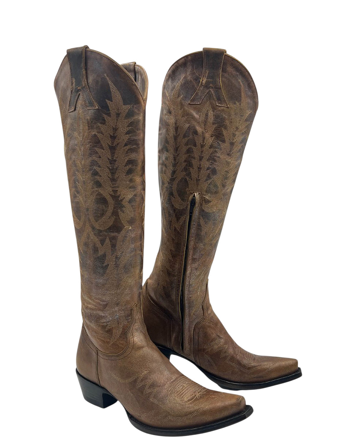 Old Gringo Boots Mayra Bis tall metallic pearl leather western boots in gold and brown with intricate stitching.