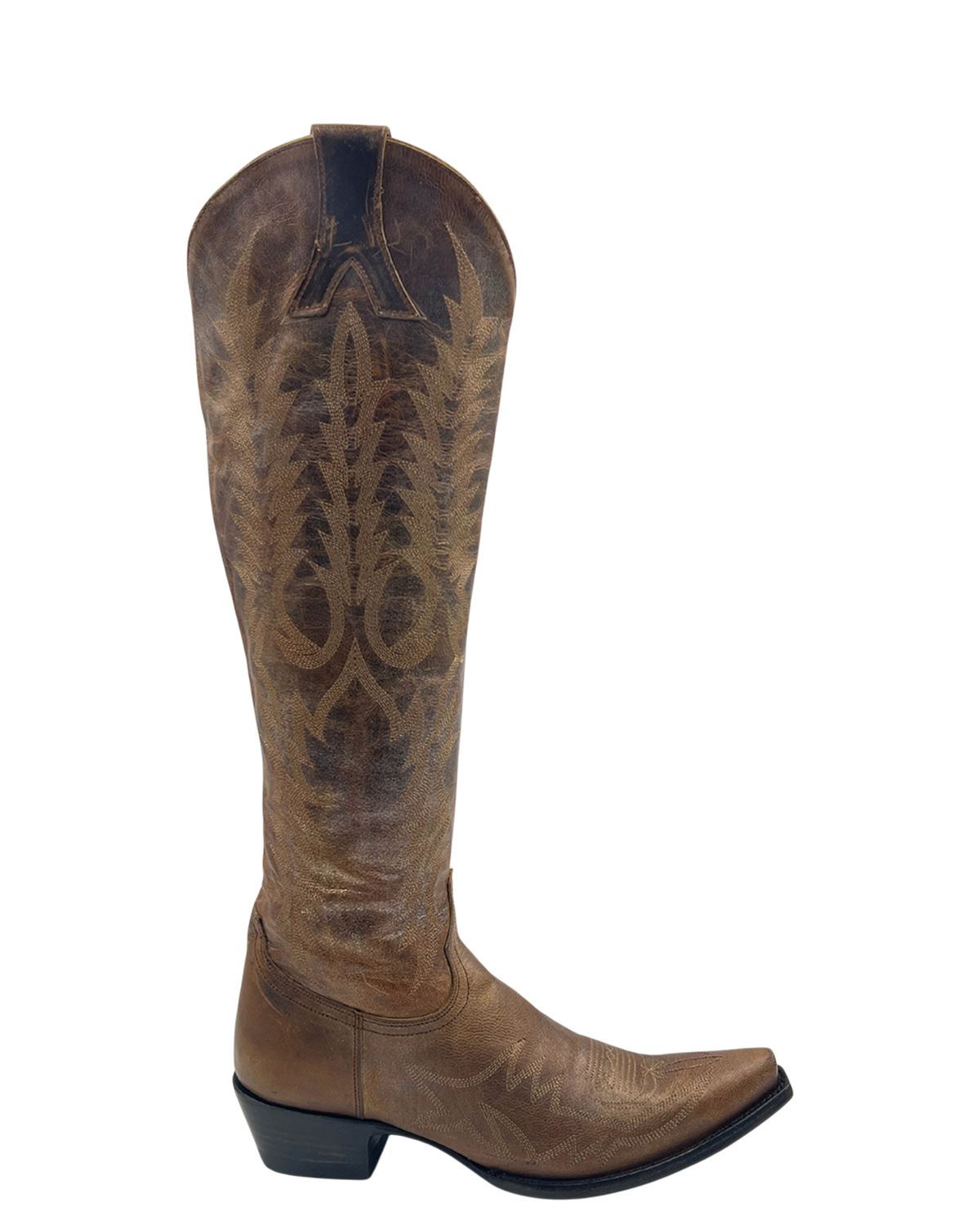 Old Gringo Boots Mayra Bis tall metallic pearl leather western boot in gold and brown with intricate stitching.